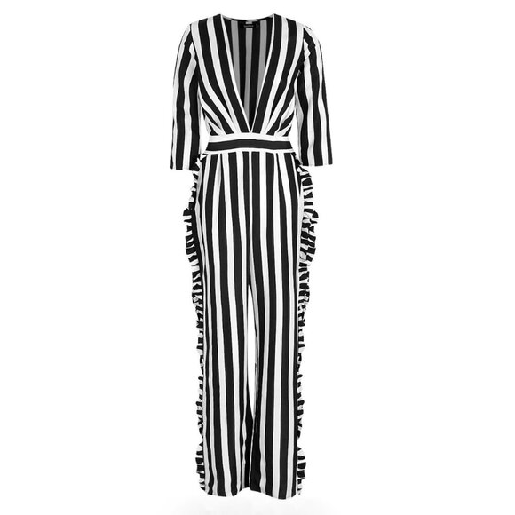 NWT- Boohoo Black and White Striped Ruffle Slit Leg Jumpsuit - Picture 8 of 9